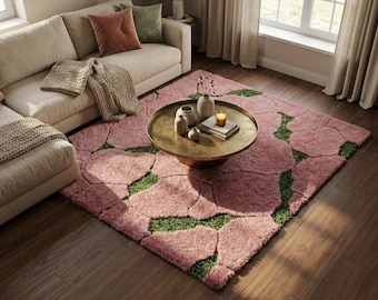 Moss Pink Hand Tufted Wool Rug, Abstract Crack Design Modern Area Carpet