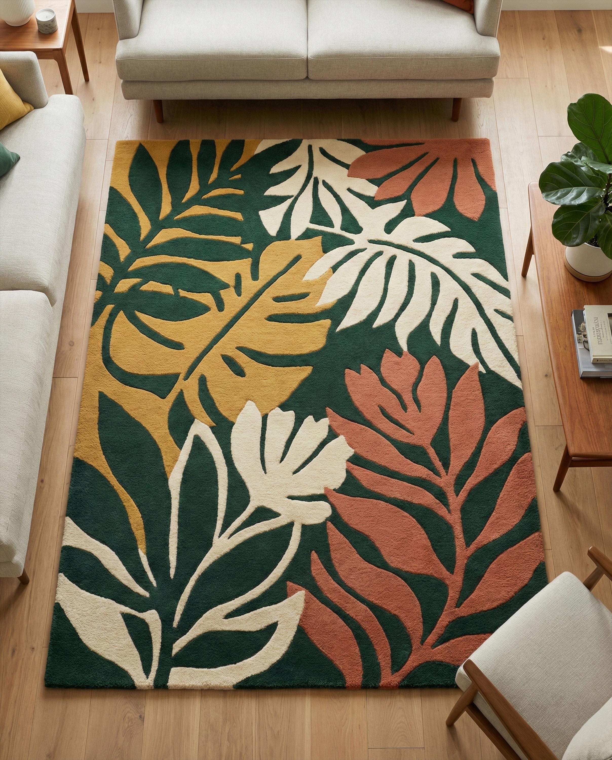Forest Green Botanical Hand Tufted Rug, Modern Leaf Wool Area Rugs for ...