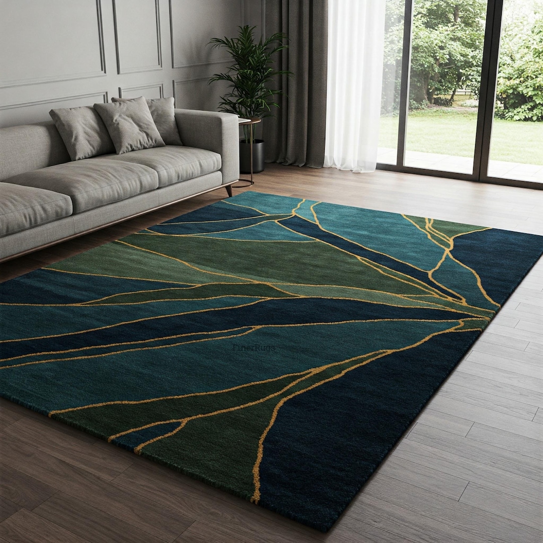 Navy Blue Green Abstract Wool Rug, Hand Tufted Gold Accent Custom Area ...