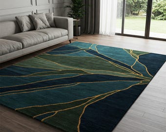 Navy Blue Green Abstract Wool Rug, Hand Tufted Gold Accent Custom Area Rugs