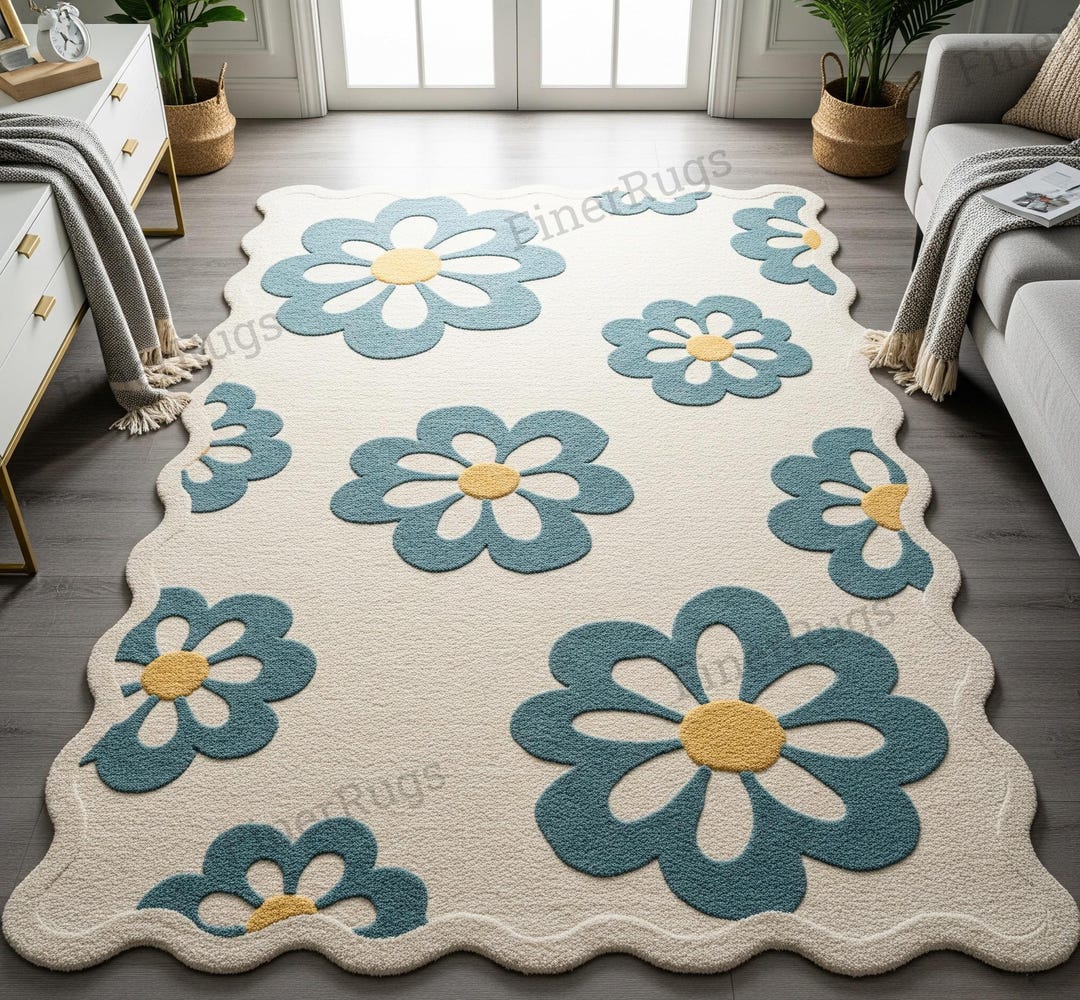Off White Blue Floral Tufted Wool Rug, Modern Scalloped Area Rug for ...