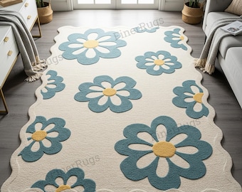 Floral Scalloped Wool Rug, Hand Tufted Blue Yellow Flower Nursery Rug