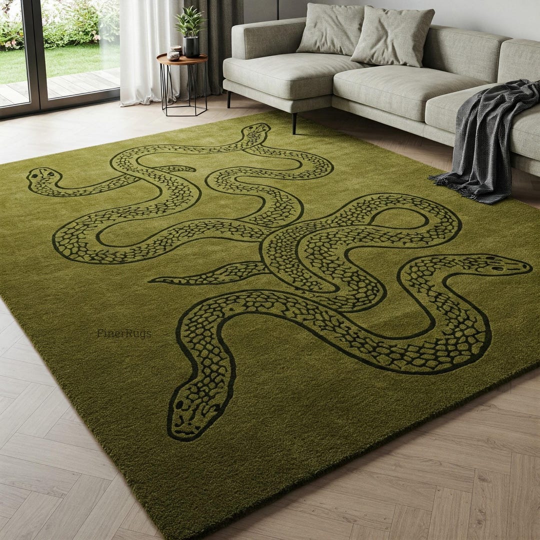 Olive Green Hand Tufted Black Snake Wool Area Rug for Living Room ...