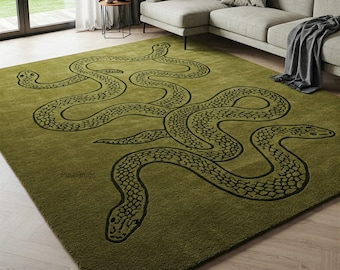 Olive Green Black Snake Wool Rug, Hand Tufted Custom Area Rugs for Living Room