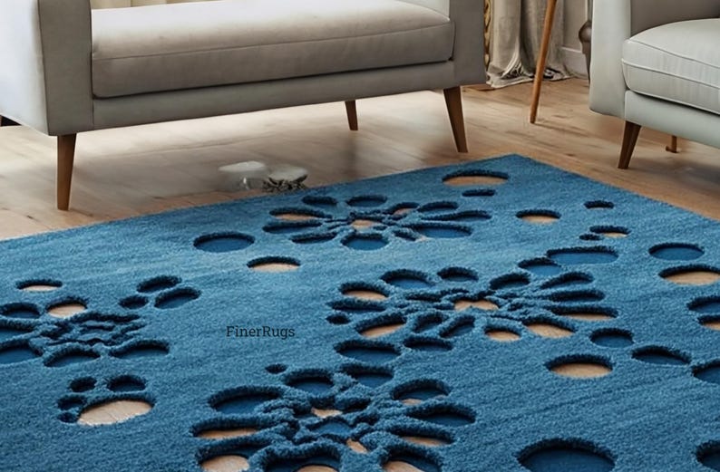 Deep Blue Abstract Wool Area Rug, Hand Tufted Modern Cut Out Rug - Etsy