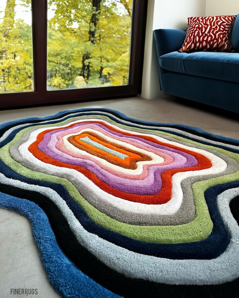 Colorful Irregular Wavy Wool Rug, Abstract Hand Tufted Organic Shape ...