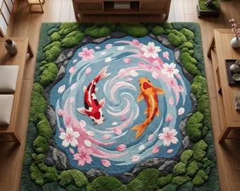 May include: A rectangular rug with a Japanese garden design. The rug depicts a blue pond with two koi carp, one red and white, the other orange. Pink cherry blossoms and green mossy banks surround the pond, creating a serene and colourful scene.