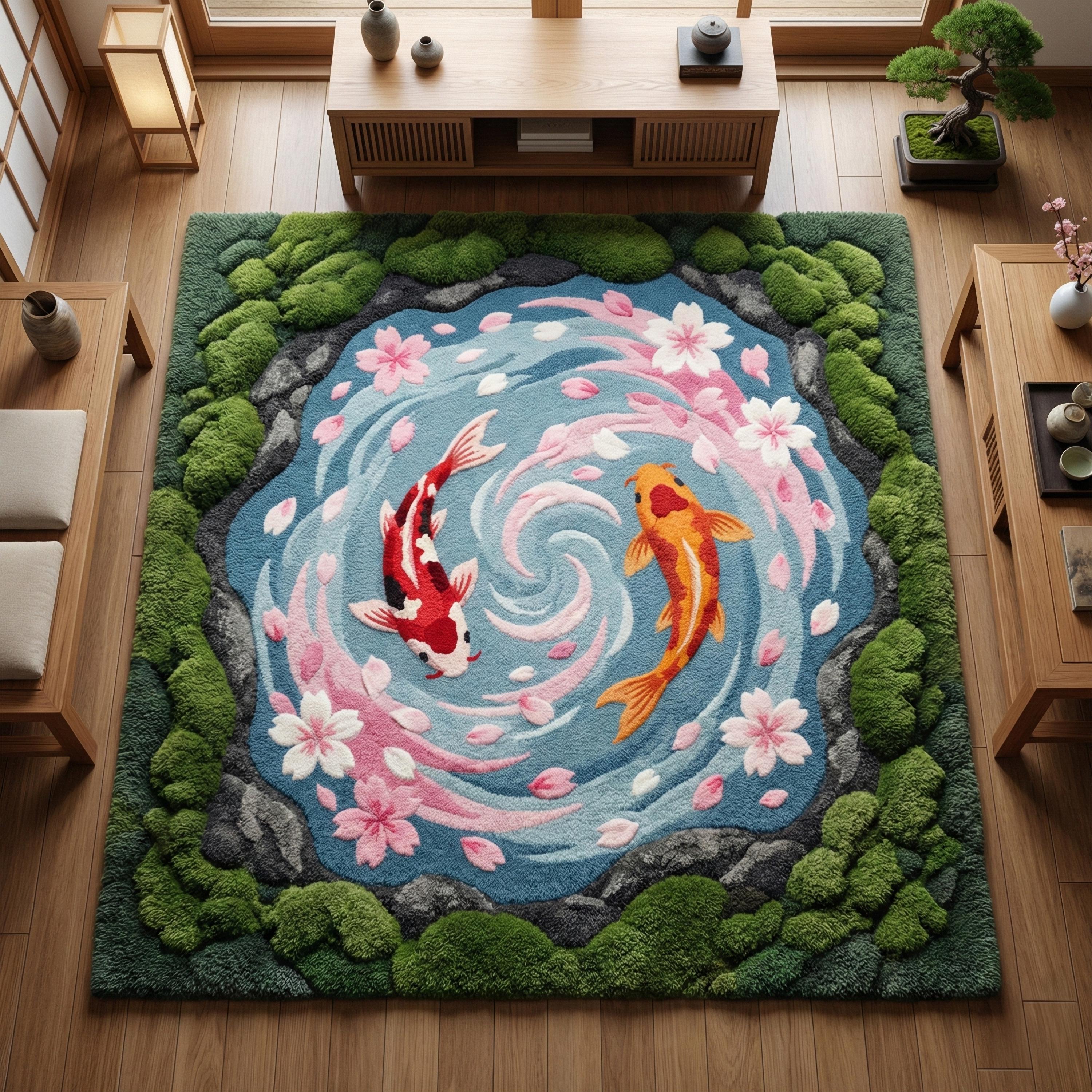 Pond Rug Abstract Koi Pond Tufted Wool Rug, 3D Moss Cherry Blossom Fish Area Rugs - Etsy