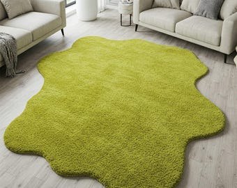Lime Green Wool Area Rug, Irregular Hand Tufted Modern Amoeba Rug