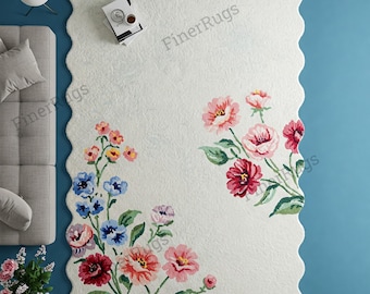 Off White Scalloped Edge Hand Tufted Colorful Floral Custom Wool Area Rugs for Nursery, Modern Handmade Flower Design Living Room Rug 8x10