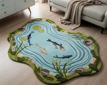 3D Moss Koi Fish Wool Rug, Hand Tufted Blue Irregular Pond Rugs