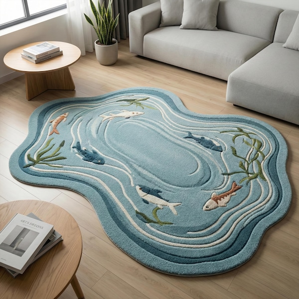 Irregular Koi Pond Wool Rug, Blue Hand Tufted Fish Nature Inspired Rugs