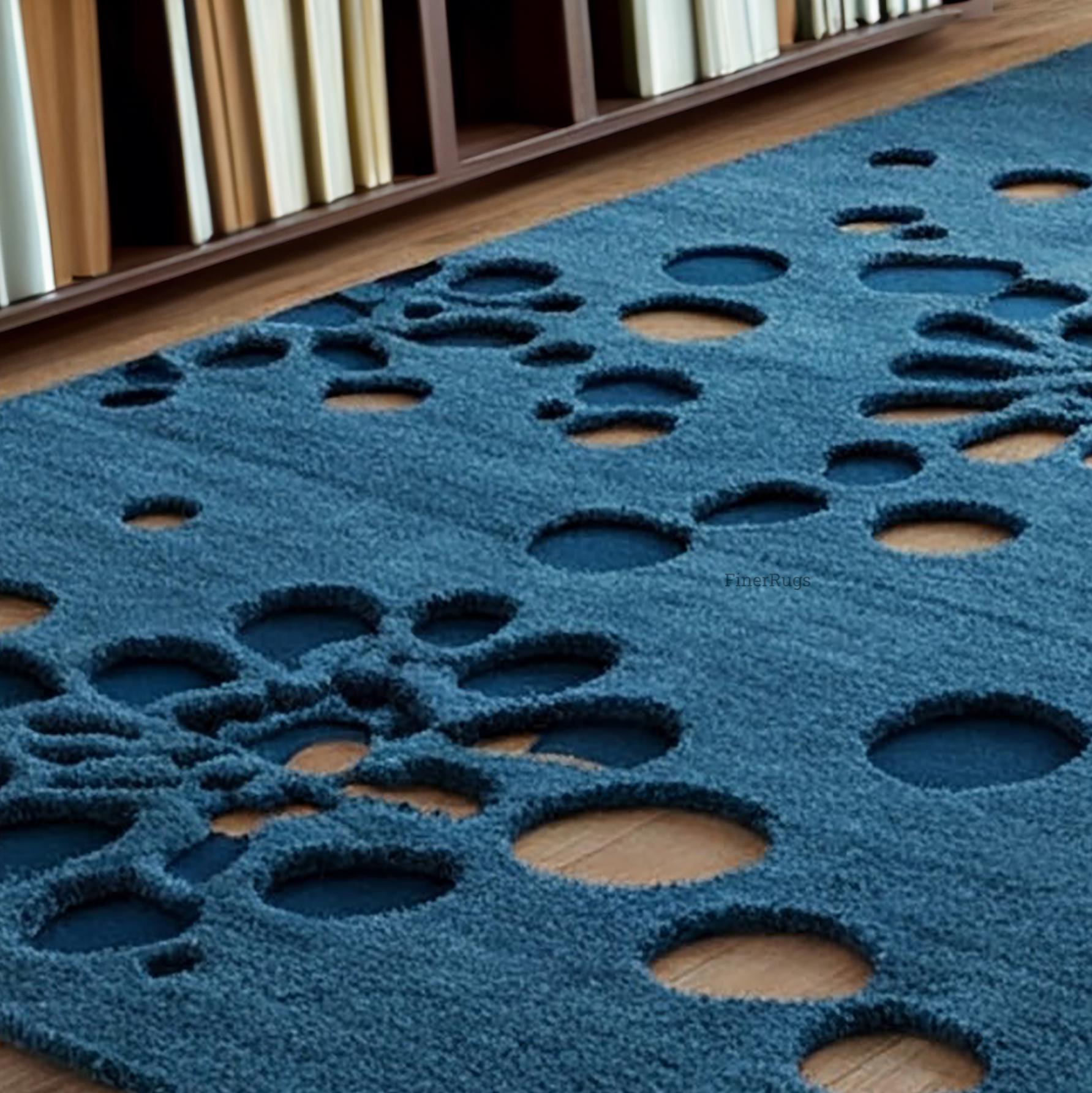 Deep Blue Abstract Wool Area Rug, Hand Tufted Modern Cut Out Rug - Etsy