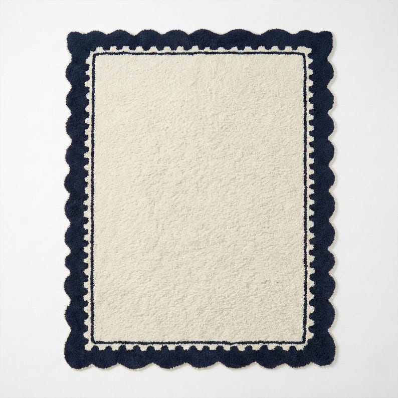 Off White Blue Scalloped Rug, Abstract Tufted Wool Area Rugs for Living ...