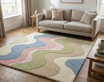 Pastel Tone Abstract Wavy Wool Rug, Hand Tufted Modern Layered Custom Area Rugs