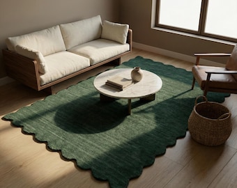 Deep Forest Green Scalloped Wool Rug, Solid Modern Tufted Area Rugs for Living Room