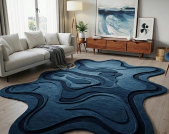 Deep Navy Blue Irregular Hand Tufted Rug, Abstract Wool Area Rugs for Living Room