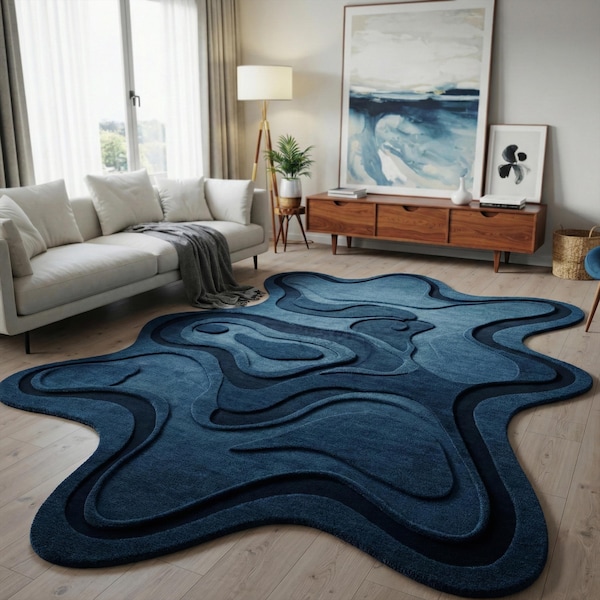 Navy Blue Irregular Wool Rug, Abstract Wavy Hand Tufted Organic Shape Living Room Rug