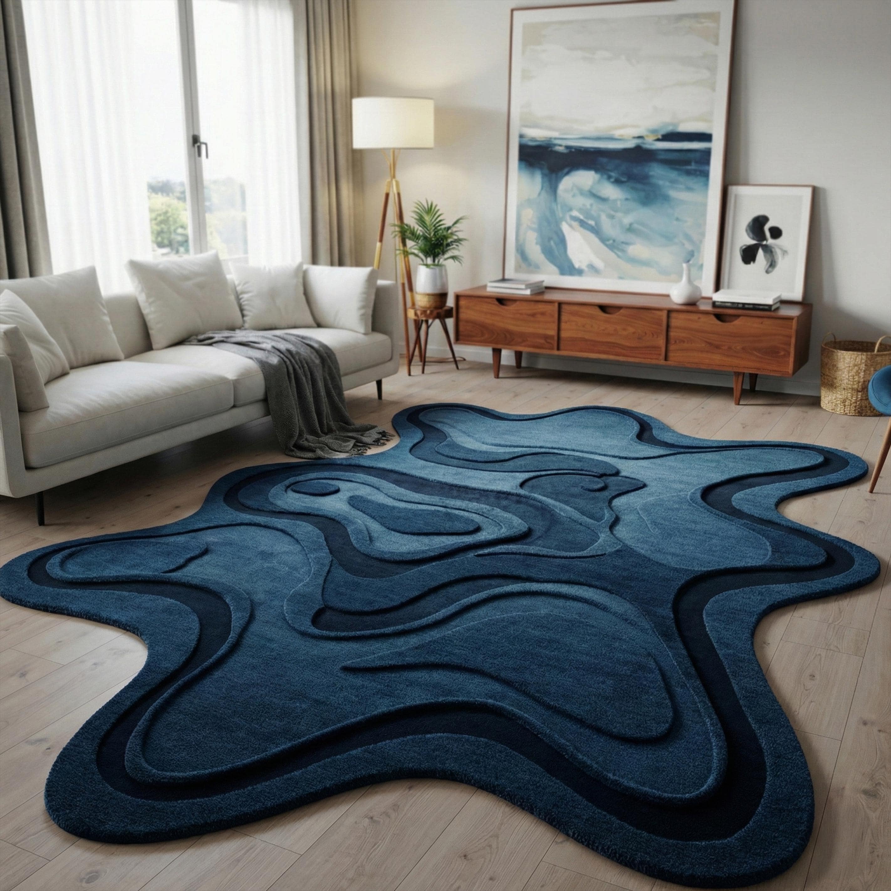 Navy Blue Irregular Wool Rug, Abstract Wavy Hand Tufted Organic Shape ...