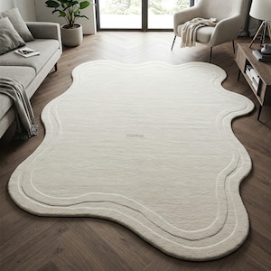 Off White Irregular Hand Tufted Rug, Solid Minimalist Wool Area Rugs for Living Room