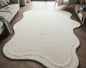 Off White Irregular Hand Tufted Rug, Solid Minimalist Wool Area Rugs for Living Room