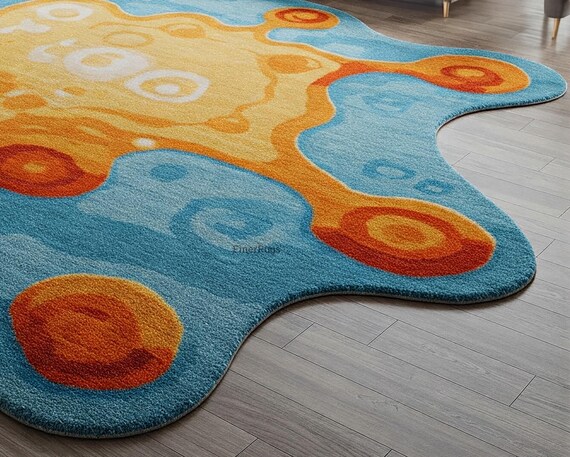 ブルーオレンジの不規則なハンドタフテッドアメーバシェイプのモダンな