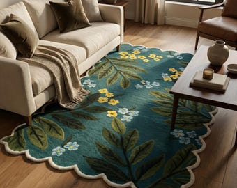 Teal Green Floral Wool Rug, Hand Tufted Scalloped Area Rugs for Living Room