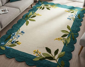 Off White Deep Teal Scalloped Border Hand Tufted Green Floral Wool Rug for Bedroom, Modern Contemporary 6x9 8x10 Handmade Custom Area Rugs