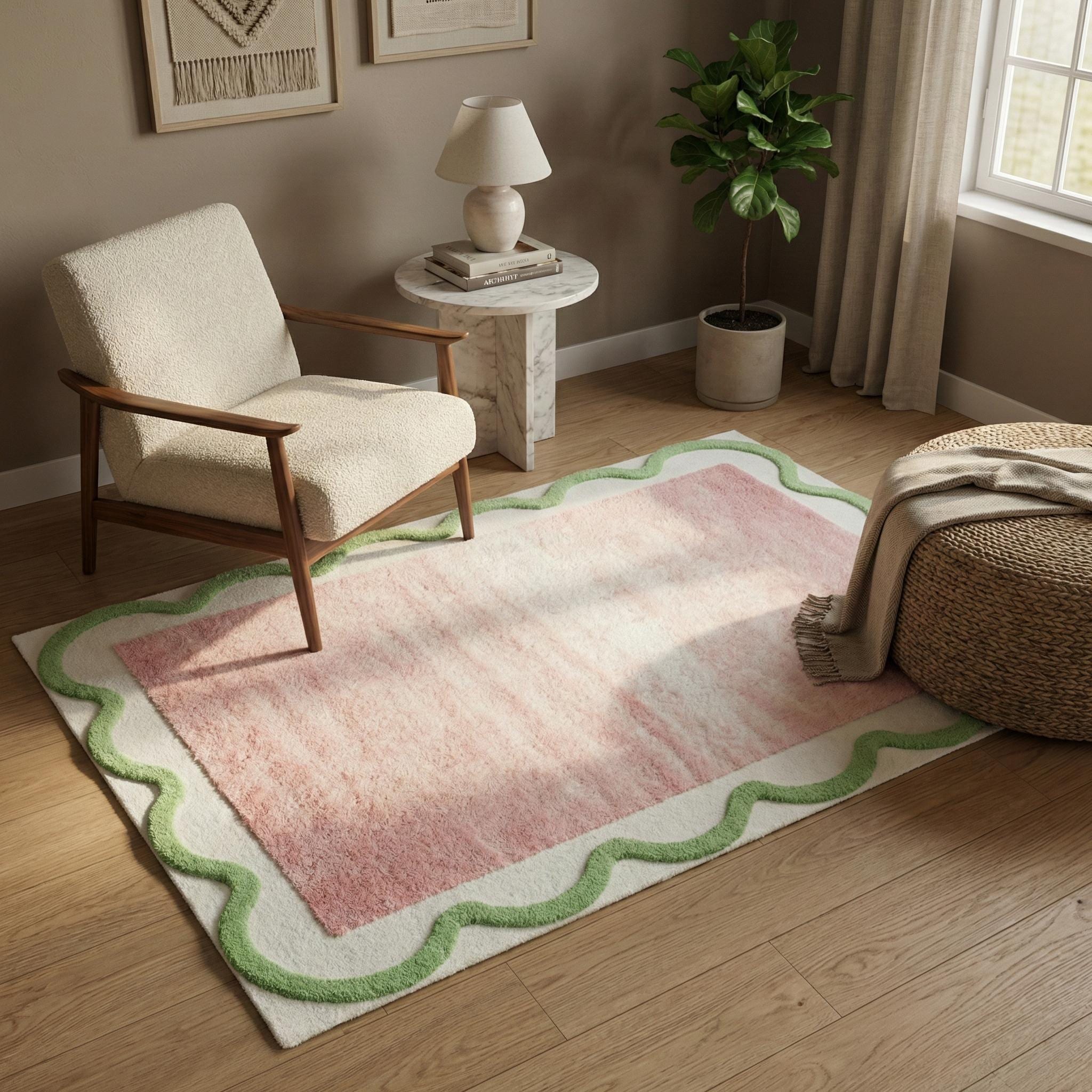 Pink And Green Shell Rug Pink Green Wavy Wool Rug, Abstract Hand Tufted Custom Area Rugs - Etsy