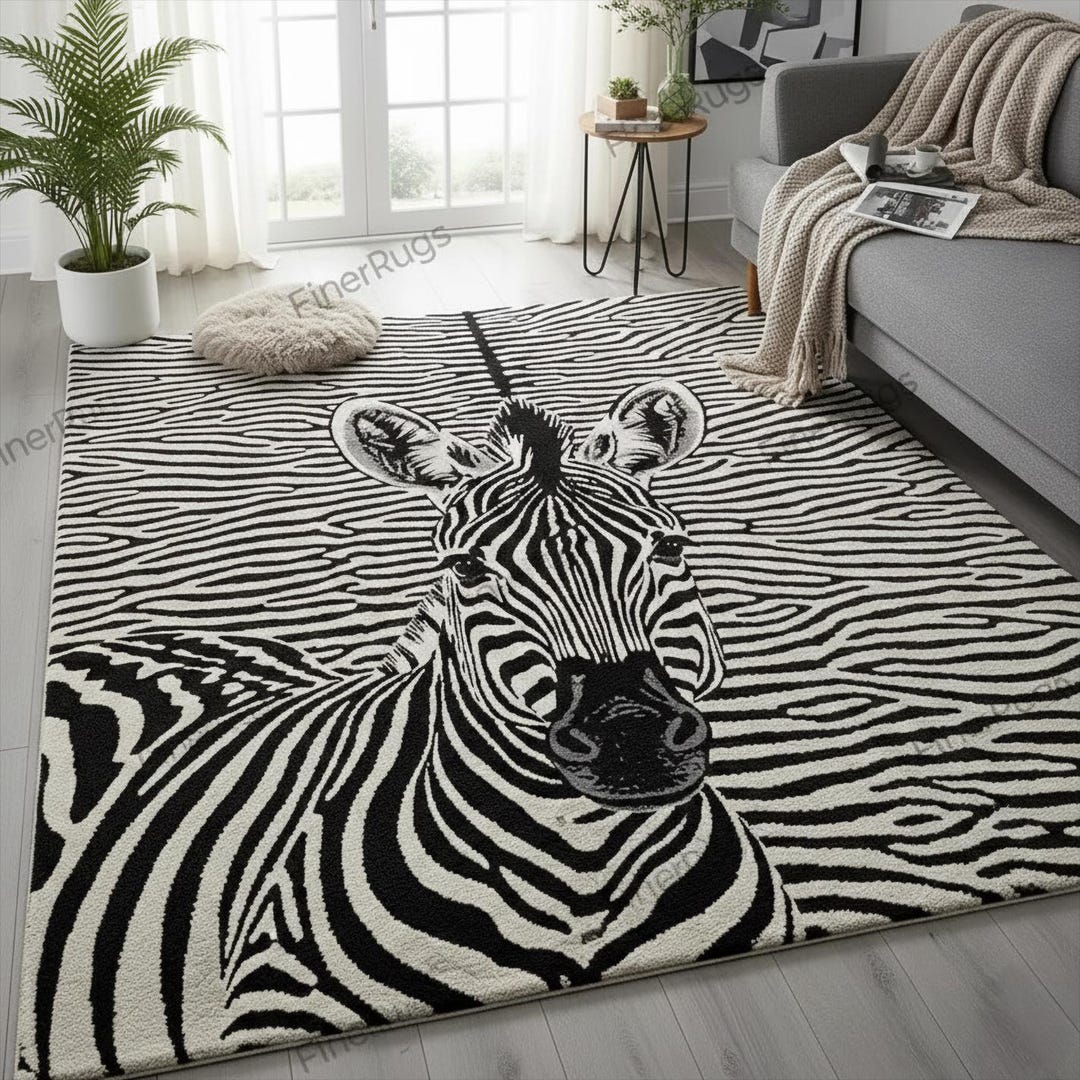 Zebra Print Rug, Black and White Animal Area Rug, Modern Safari Carpet ...