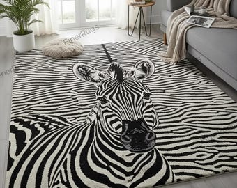 Zebra Print Rug, Black and White Animal Area Rug, Modern Safari Carpet, Hand Tufted Zebra Design, Living Room