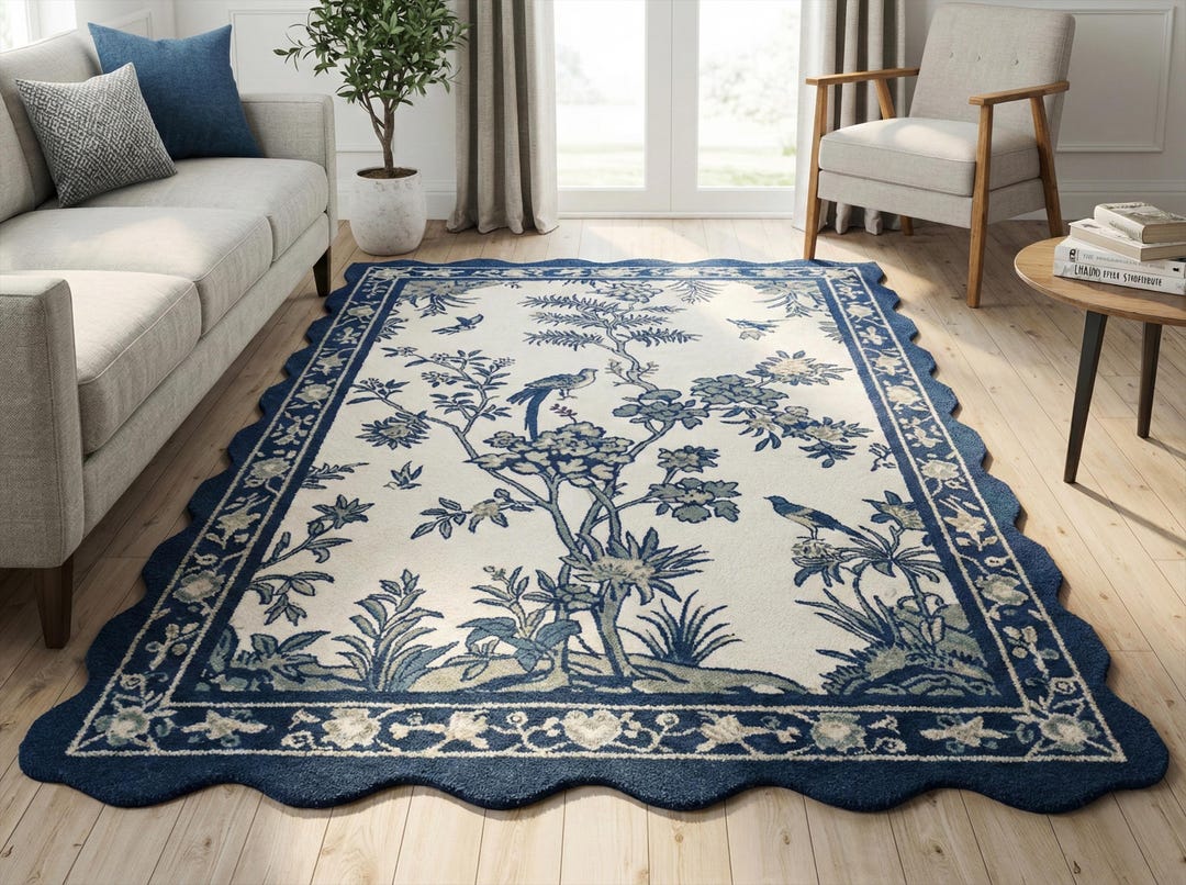 Blue off White Floral Tufted Wool Rug, Chinoiserie Birds Scalloped Area ...