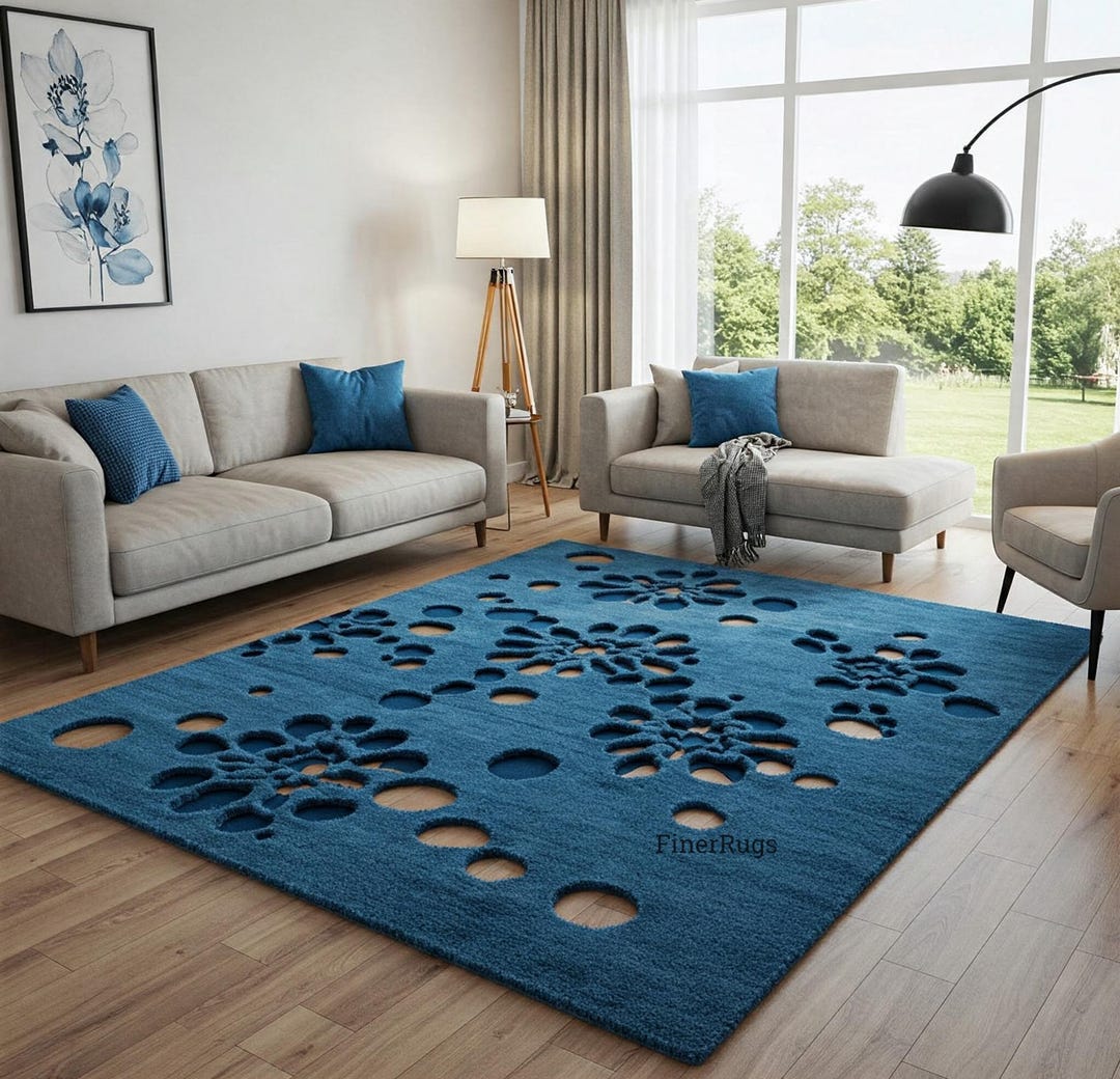 Deep Blue Abstract Wool Area Rug, Hand Tufted Modern Cut Out Rug - Etsy