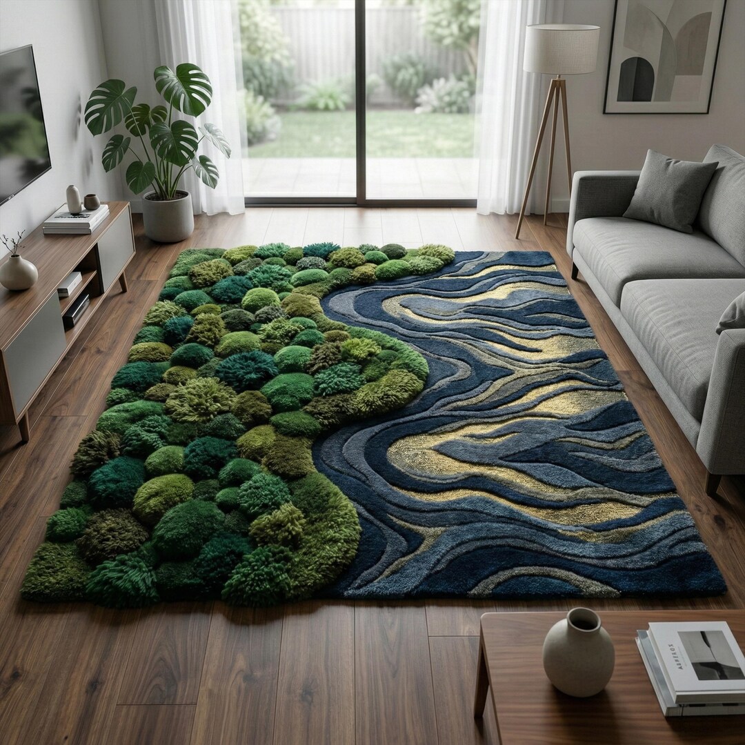 3D Moss Ball River Wool Rug, Blue Gold Abstract Hand Tufted Forest ...