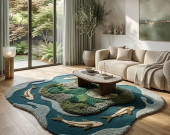 Könnte beinhalten: Ein einzigartiger, handgefertigter Teppich mit einem Koi-Teich-Design. Der Teppich zeigt einen türkisblauen Fluss mit drei beigen Koi-Fischen und grünen Seerosenblättern. Die zentrale Insel ist eine Mischung aus grünen und braunen Texturen.