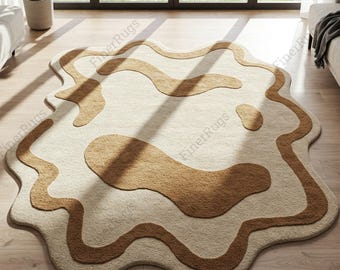 Hand Tufted Wool Rug, Cream and Brown Abstract Wavy Design