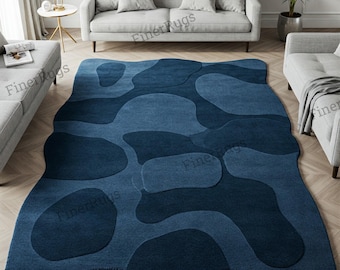 Modern Deep Navy Blue Irregular Shape Hand Tufted Wool Area Rugs for Kids Room, Abstract Handmade Custom Odd Shape Rugs for Living Room 9x12