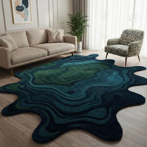 Irregular Blue Green Hand Tufted Wool Rug, Modern Abstract Area Rugs for Living Room