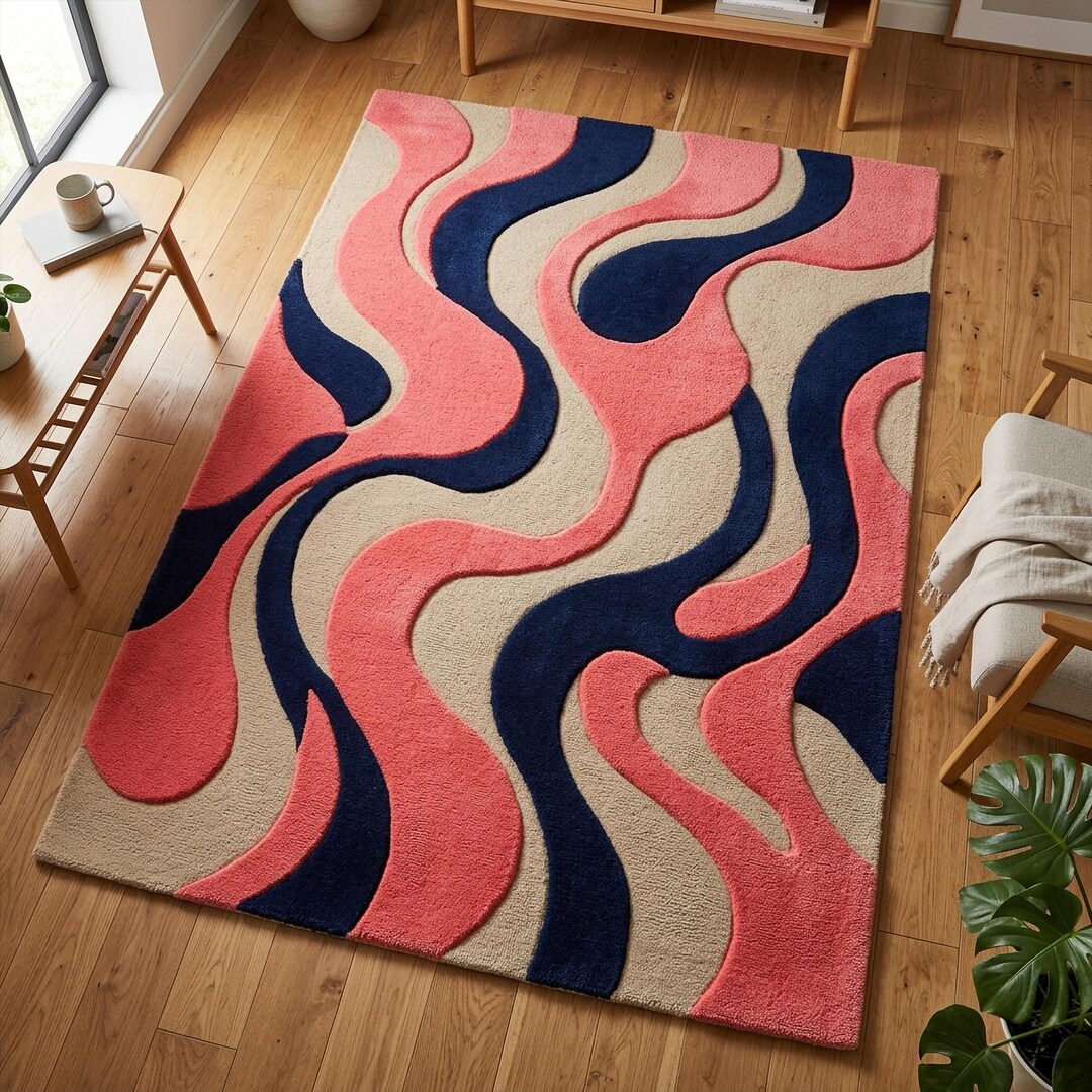 Abstract Wave Wool Rug, Hand Tufted Blue Pink Fluid Area Rugs - Etsy