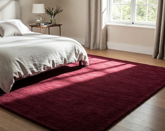 Deep Wine Red Solid Wool Rug, Hand Tufted Modern Custom Area Rugs for Bedroom