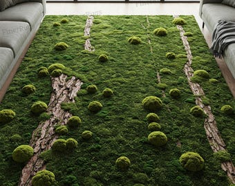 Moss Green Forest Wool Rug, Abstract Tufted Nature Area Rugs for Living Room