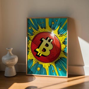 Digital Bitcoin Poster, Cryptocurrency Wall Art, Cartoon style, Pop Art & Abstract BTC Print for Crypto Lovers, Instant Download