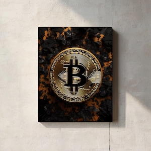 Bitcoin Canvas Wall Art, Modern Crypto Decor for Office or Home, BTC Print on Canvas, Black Gold Cryptocurrency Artwork