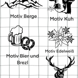 May include: Black and white illustrations of a mountain range, cow, beer and pretzel, edelweiss flower, and deer head. Each image has a German word below it. The images are on a white background with a grey grid pattern.