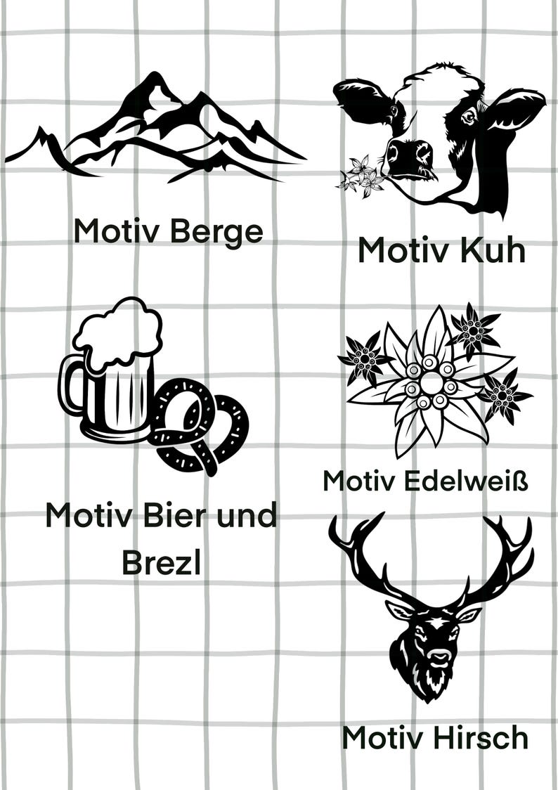 May include: Black and white illustrations of a mountain range, cow, beer and pretzel, edelweiss flower, and deer head. Each image has a German word below it. The images are on a white background with a grey grid pattern.