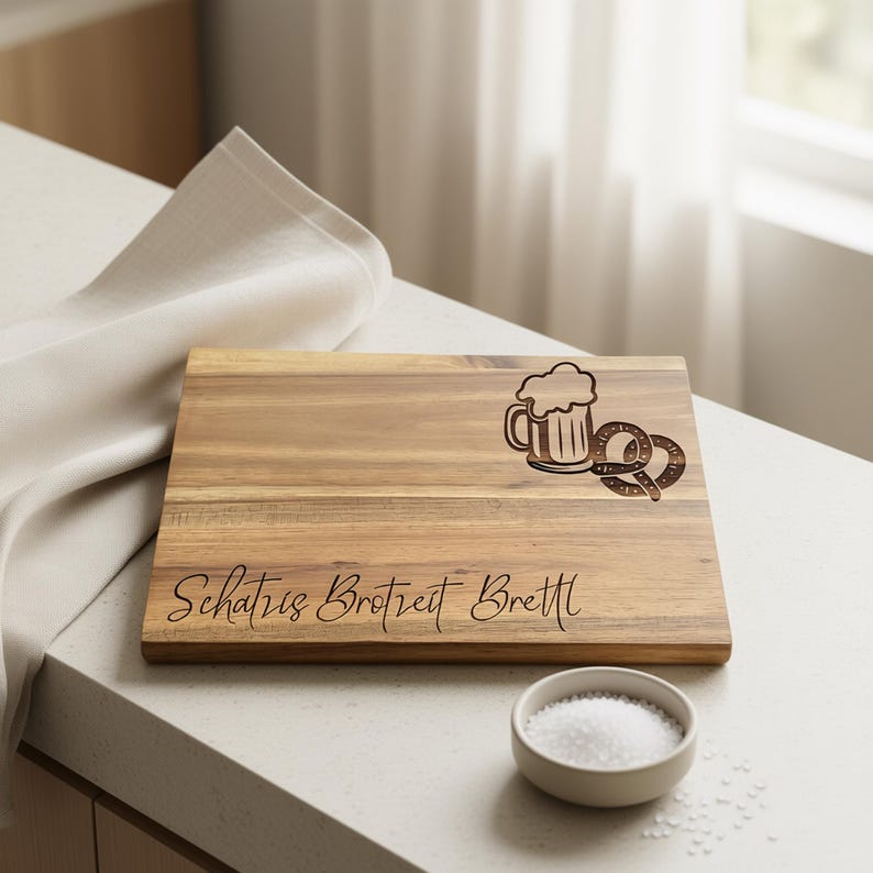 May include: Wooden chopping board with a beer mug and pretzel design. The board has the text "Schatz Brotzeit Brett" engraved on it. A small bowl of salt sits in front of the board.