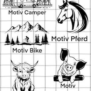 May include: A collection of black and white illustrations featuring outdoor themes. The images include a camper van, a horse, a cyclist, a Highland cow, and a pig, each with a title: "Motiv Camper", "Motiv Pferd", "Motiv Bike", "Motiv Highland Cow", and "Motiv Schweinchen".