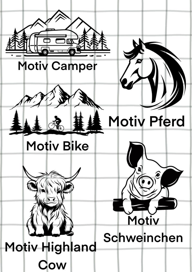 May include: A collection of black and white illustrations featuring outdoor themes. The images include a camper van, a horse, a cyclist, a Highland cow, and a pig, each with a title: "Motiv Camper", "Motiv Pferd", "Motiv Bike", "Motiv Highland Cow", and "Motiv Schweinchen".