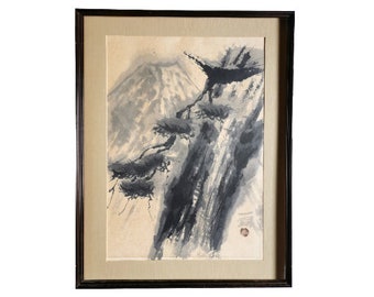 Peinture Japonaise Sumi-e, le Mont Fuji  par le peintre Nihonga Kazushi Akabane, Période Showa , Milieu 20ème