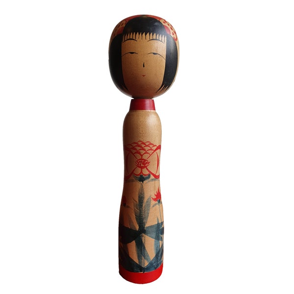 Kokeshi traditionelle Naruko, poupée japonaise en bois Narugo par l'artiste Takase Tokio, iris décoration, 25.5 cm